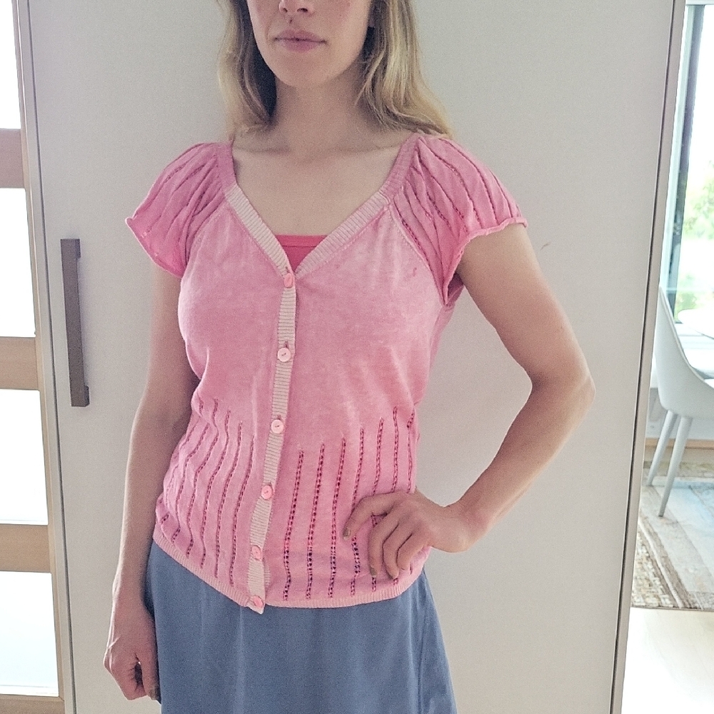 Oilily Pink Puff Sleeve Blouse with Ribbed Details